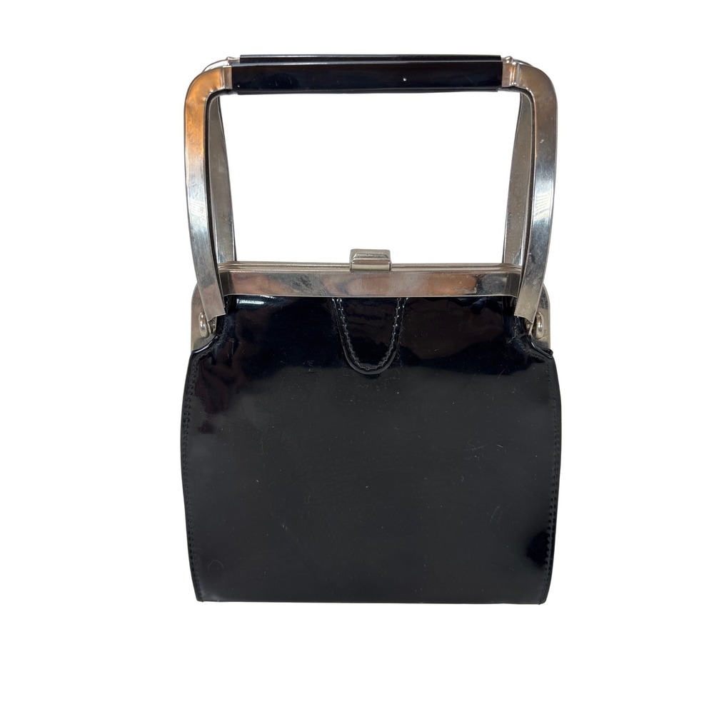 Vintage 1960s Black Vinyl Mod Handbag Chrome Lucite Block Handle Space Age Purse